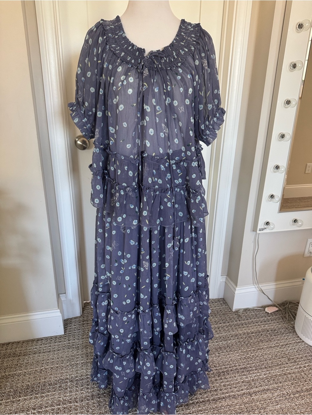 Free People Dusty Blue Floral Tiered two piece set- blouse and maxi skirt - Picture 4 of 9
